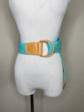 Vintage 70s Aqua Twill Wide Belt Light Tan Leather Hang Ten